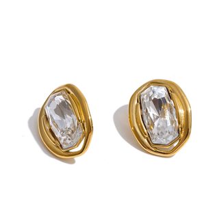 Polished gold Gemstone Frame Stud Earrings with faceted rectangular stone center in Clear and London Blue
