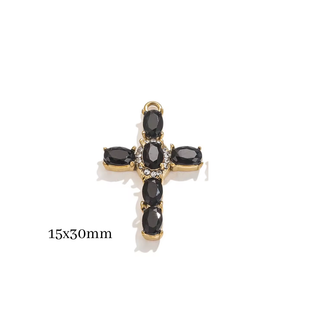 Black Cross Charm - 14k Gold Plated Brass - Black Gemstone
