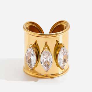 Victoria Ring 18K gold adjustable wide cuff with marquise-cut crystals and polished finish