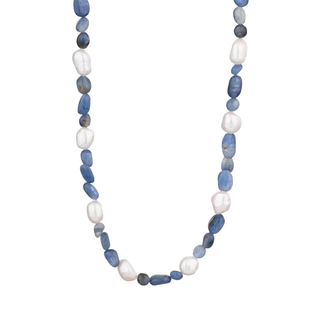 Capri Blue Gemstone Necklace with blue and white natural stones, pearl-style accents, and stainless steel clasp for a polished coastal look