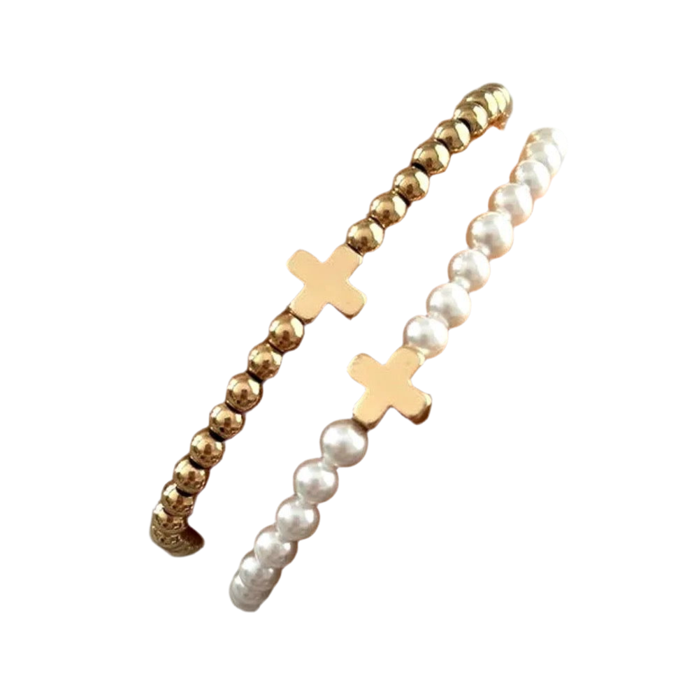 Gracie Cross Bracelet ~ 18k Gold-Plated Beads or Round Pearls Bracelet