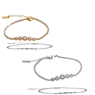 Juliette Bezel Tennis Bracelet with clear stones in gold setting, delicate graduated bezel design, perfect for everyday and special occasions