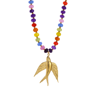Marisol Charm Necklace with colorful beads and gold bird pendant, artisan statement jewelry