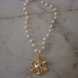 Lilly Pearl Flower Necklace with freshwater pearls and gold pink flower pendant