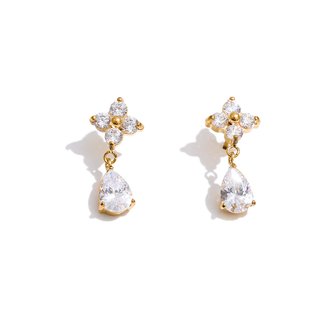 Crystal Flower Drop Earrings in 18K gold with clear teardrop crystals and floral design
