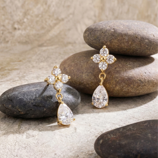 Crystal Flower Drop Earrings 18K Gold Non Tarnish