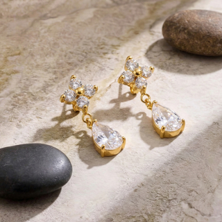 Crystal Flower Drop Earrings 18K Gold Non Tarnish