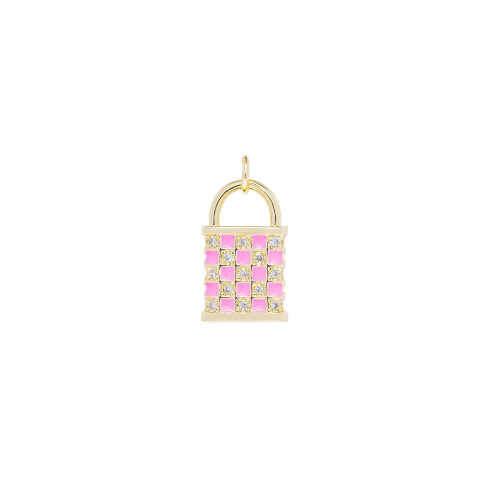 Pink Checkered Lock Charm  for Necklaces and Bracelets