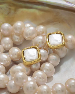 Square Pearl Studs 18k Gold Non Tarnish Water Resistant