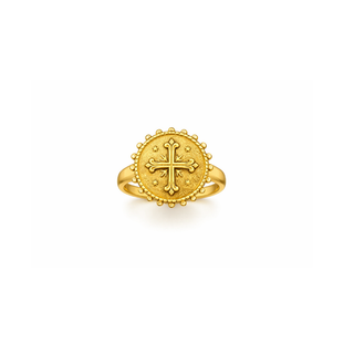 18K gold plated Heirloom Cross Ring with raised cross medallion and beaded edge