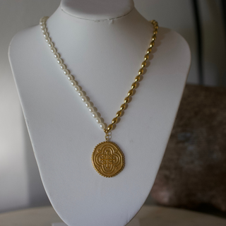 Solene Necklace – Gold & Pearl with Benedict Cross - 18k Stainless Steel