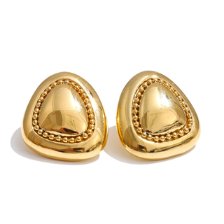 Selma Stud Earrings polished stainless steel rounded triangle studs with raised dome and beaded border in gold and silver options