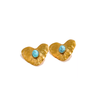 Turquoise Heart Stud Earrings - Stainless Steel - Gold Hammered Design