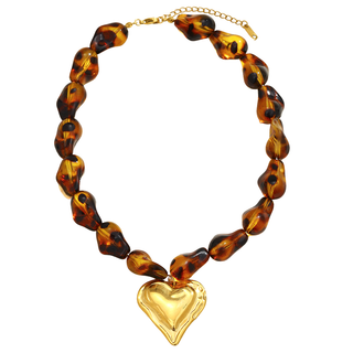Amber Heart Statement Necklace with amber-tone resin beads and gold-plated heart pendant, adjustable and waterproof design