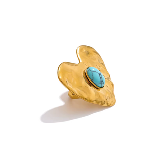 Gold Turquoise Ring - Hammered Statement Ring - Stainless Steel