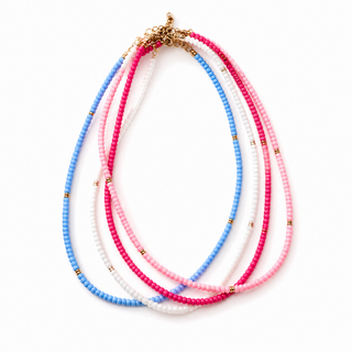 Colorful Czech seed bead necklace with 18K gold stainless steel accents and waterproof clasp