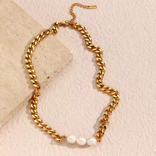 Pearl Links Necklace ~ 18k Gold Plated Stainless Steel with Freshwater Pearl