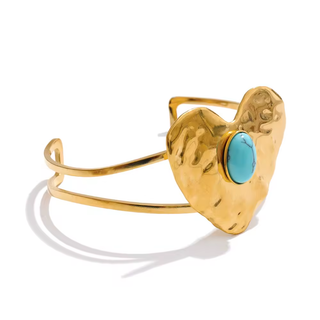 Gold Turquoise Cuff Bracelet - Hammered Heart Statement Cuff - Stainless Steel
