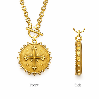 Gold heirloom cross pendant necklace with medallion design on 16-inch chain and toggle clasp