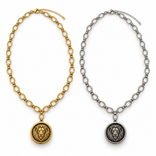 Heritage Lion Medallion Necklace in gold and silver featuring detailed lion coin pendants and textured oval-link chains