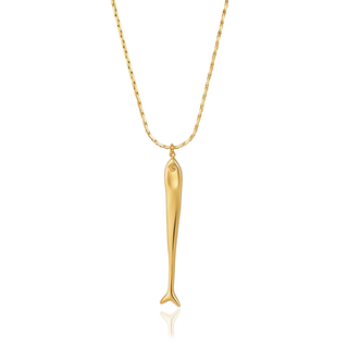 Polished gold Sailor Fish Pendant Necklace on delicate gold chain, coastal-inspired stainless steel jewelry.