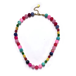 Capri Gem Necklace with natural gemstone and colorful faceted glass beads, 16-18 inch adjustable length, gold-plated lobster clasp closure.