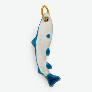 Blue and white handcrafted ceramic fish charm with stainless steel jump ring for coastal jewelry