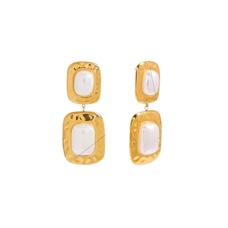 Blaire Pearl Statement Earrings gold hammered frame with pearl centers double-drop design