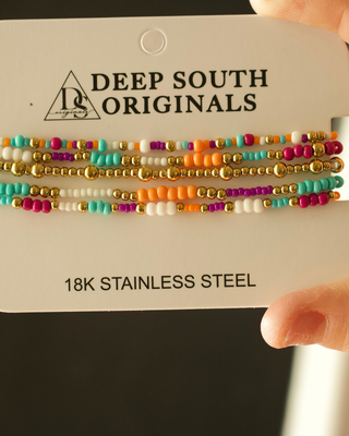 Cabana Beaded Bracelet Stack with colorful seed beads and stainless steel accents in vibrant colors