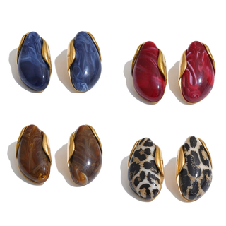 Marbella Sculptural Earrings in Navy, Red, Brown, and Leopard featuring glossy resin and polished gold-tone accents, measuring 1.5 inches long

