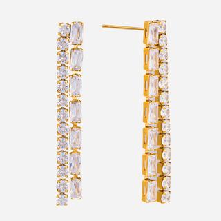 Champagne Sparkle Earrings 18k gold double-row crystal drop design with clear stones