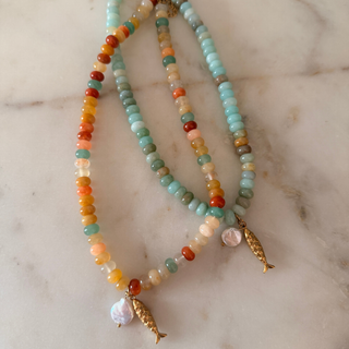 Tidewater Gem Fish Necklace | Natural Gemstone Beaded Necklace with Fish Charm