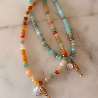 Tidewater Gem Fish Necklace | Natural Gemstone Beaded Necklace with Fish Charm