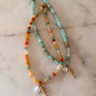 Tidewater Gem Fish Necklace | Natural Gemstone Beaded Necklace with Fish Charm