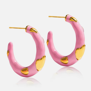 Pink Enamel Hoop Earrings - Gold Accent Chunky Hoops - Stainless Steel