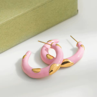 Pink Enamel Hoop Earrings - Gold Accent Chunky Hoops - Stainless Steel