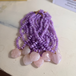 Lila Heart Beaded Necklace with glossy lilac beads and blush pink heart pendant with gold-tone accents