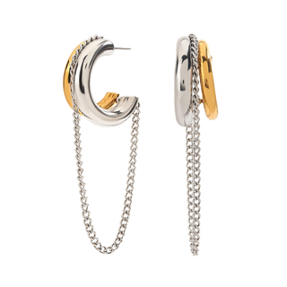 Gold and silver hoop earrings with chains on a white background