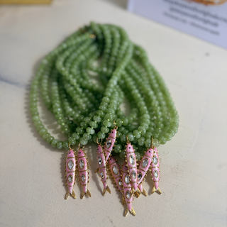 Maris Fish Beaded Necklace with glossy sage green beads and pink fish charm