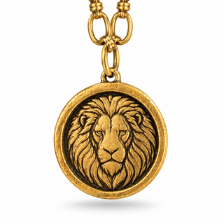 A gold lion pendant necklace featuring a detailed lion head design inside a circular medallion, suspended from a gold chain against a white background.
