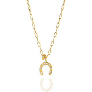 Gold Lucky Horseshoe Necklace with cubic zirconia on paperclip chain