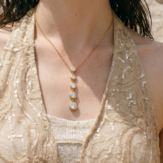 Juliette Drop Necklace gold and silver lariat with graduated bezel-set stones and vertical drop design