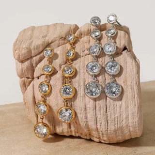 18K gold-plated Juliette Drop Earrings with cascading bezel-set cubic zirconia stones, lightweight and sparkly drop style