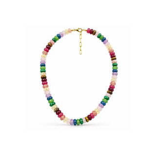 A beaded necklace with small, colorful round beads in multiple shades including pink, green, blue, yellow, purple, and white, connected by a gold-tone chain clasp, shown on a plain white background.