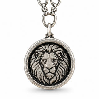 A silver-toned round medallion pendant featuring an embossed lion face, hanging from a matching chain on a plain white background.