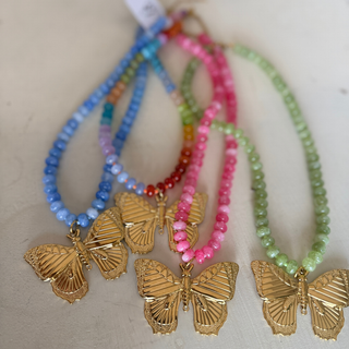 Lola Butterfly Gemstone Necklace with colorful beads and gold-tone butterfly pendant