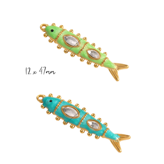 Colorful jeweled fish charm with gold-tone accents and marquise stones on stainless steel base