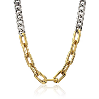 Link style modern necklace in two tone gold and silver 