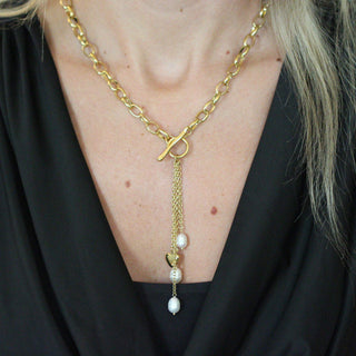 Pearl heart tassel necklace in 18K gold-plated non-tarnish stainless steel with toggle clasp and adjustable chain