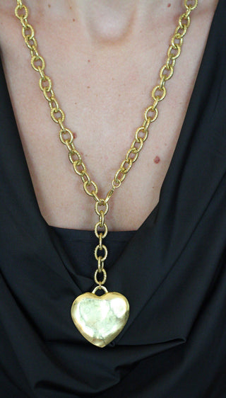 Hammered Heart Lariat Necklace with large hammered heart pendant on 20-inch gold etched chain and adjustable lobster clasp